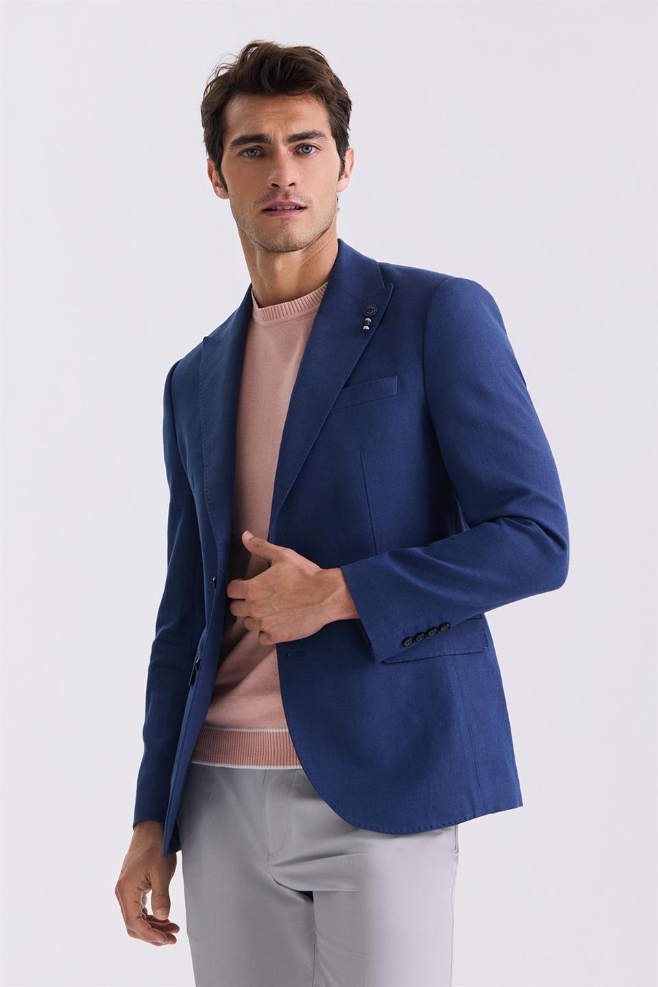 Navy Slim Fit Sharp Collar Linen Sports Jacket With A Wide Collar