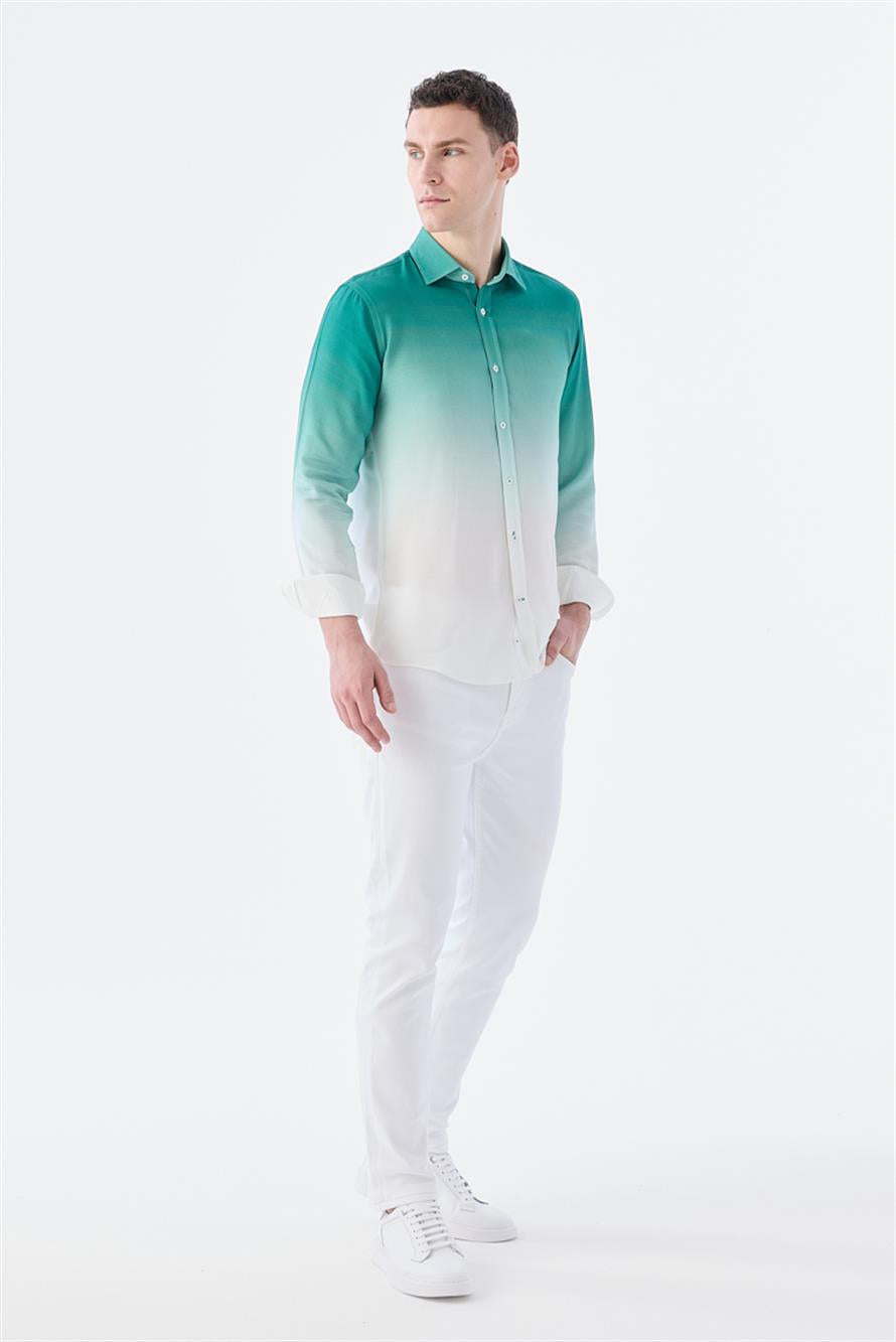 Green Comfort Fit Buttoned Collar