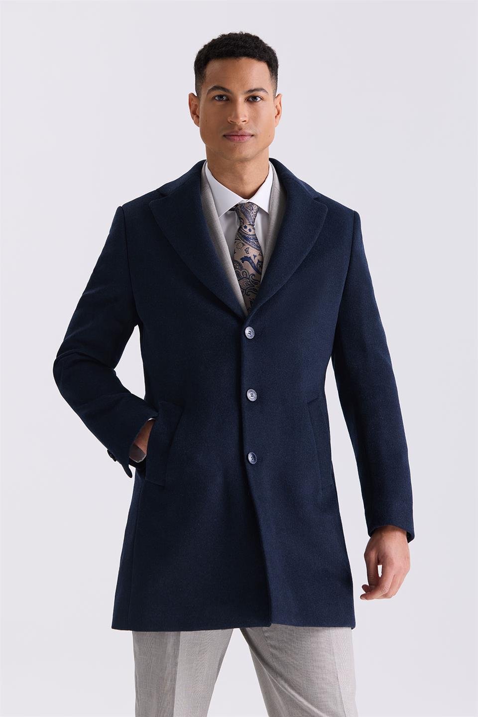 Navy Regular Fit Single Collar Woolly Collar Jacket