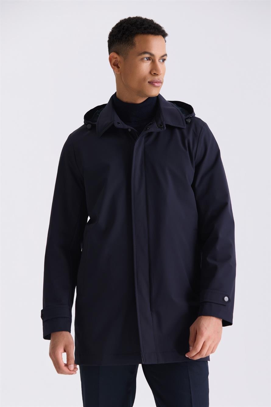 Navy Comfort Fit Hooded Classical Model Jacket With A Hidden Zipper