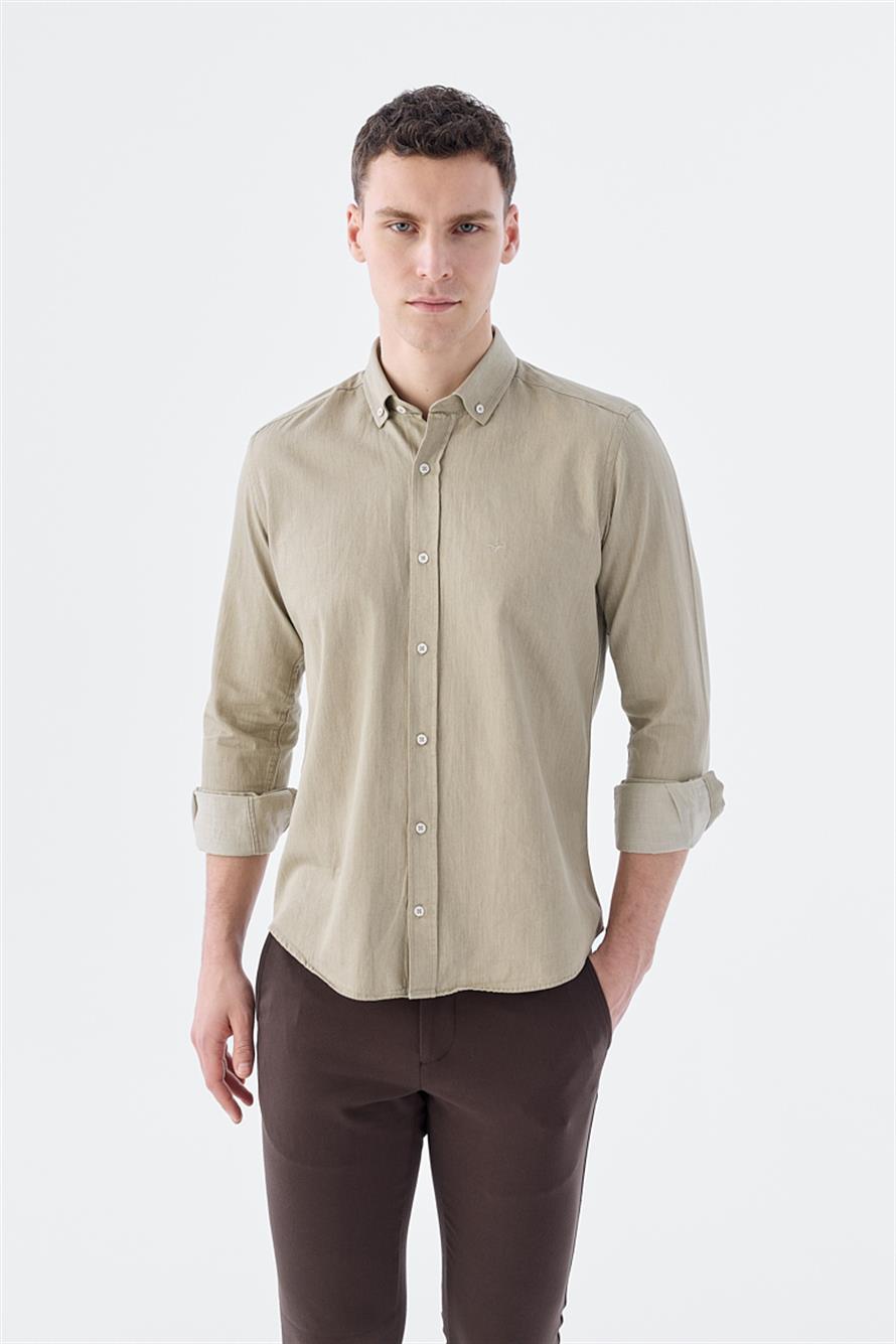 Beige Slim Fit Collar With Pocket Buttoned 100% Cotton Shirt