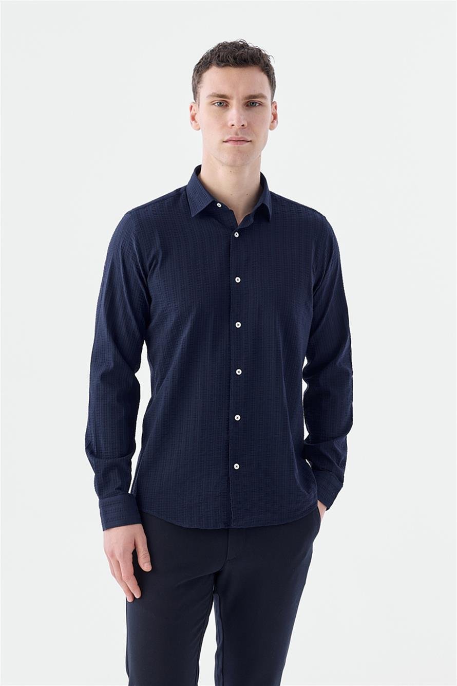 Navy Comfort Fit Flexible Fabric Cotton Sports Shirt With Pattern