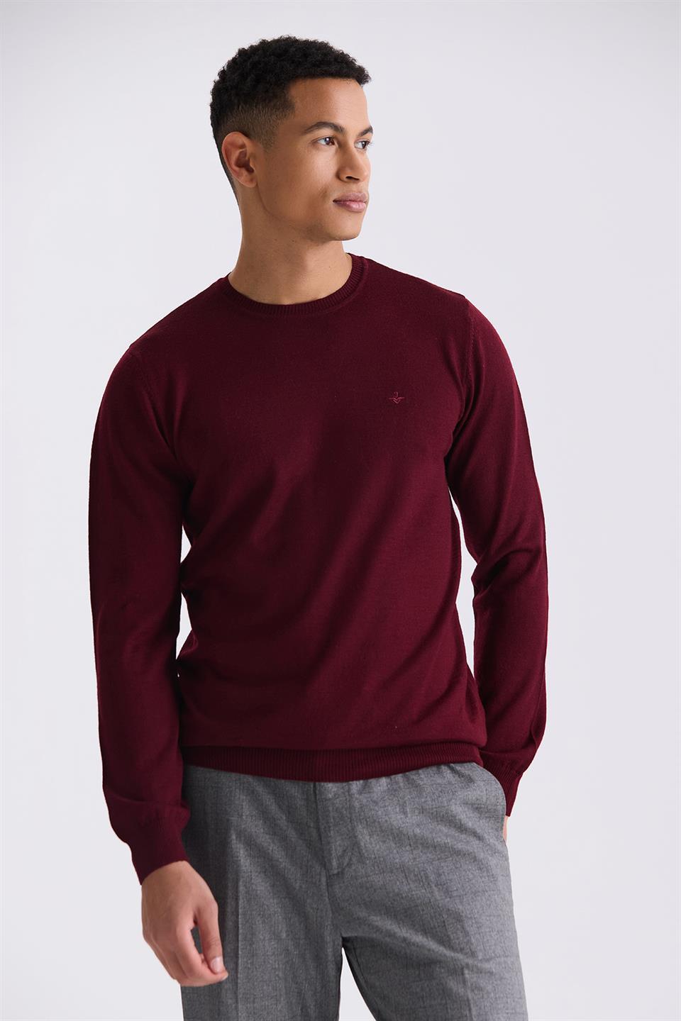 Maroon Regular Fit Round Collar Knitted Sweater