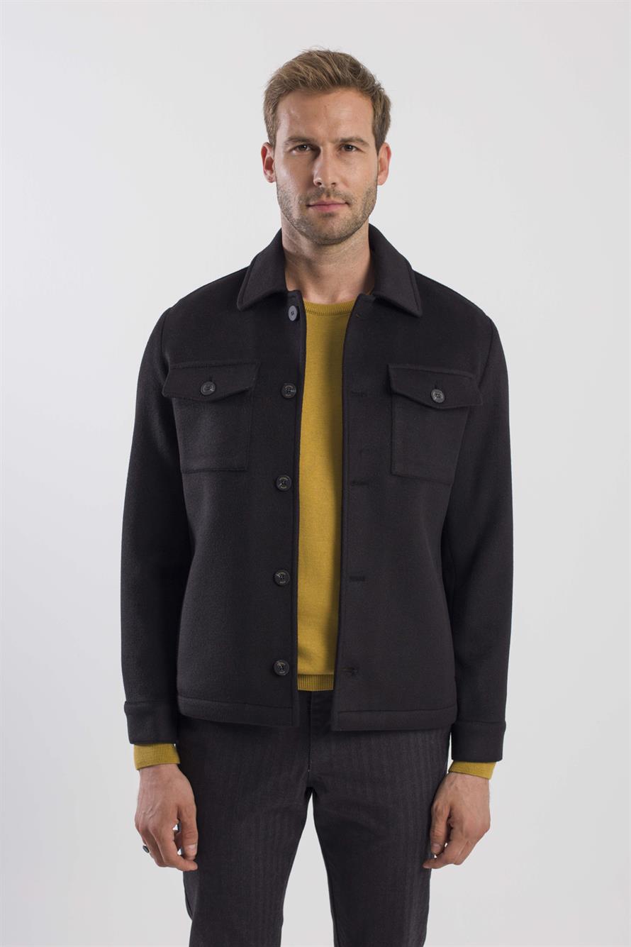 Black Comfort Fit Baby Collar Wool Jacket