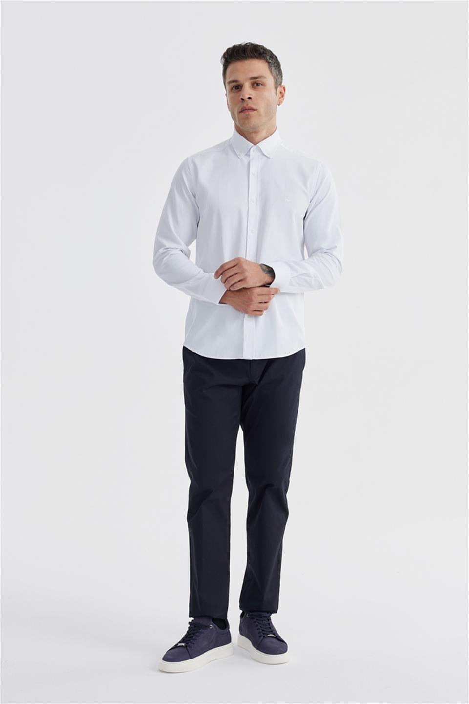 White Slim Fit Patterned Cotton Buttoned Collar Shirt