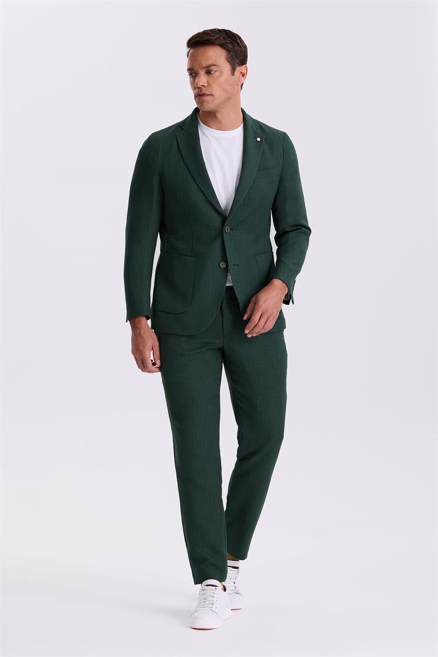 Khaki Slim Fit Single Collar Dual Tear Patterned Bag With Pocket Suit