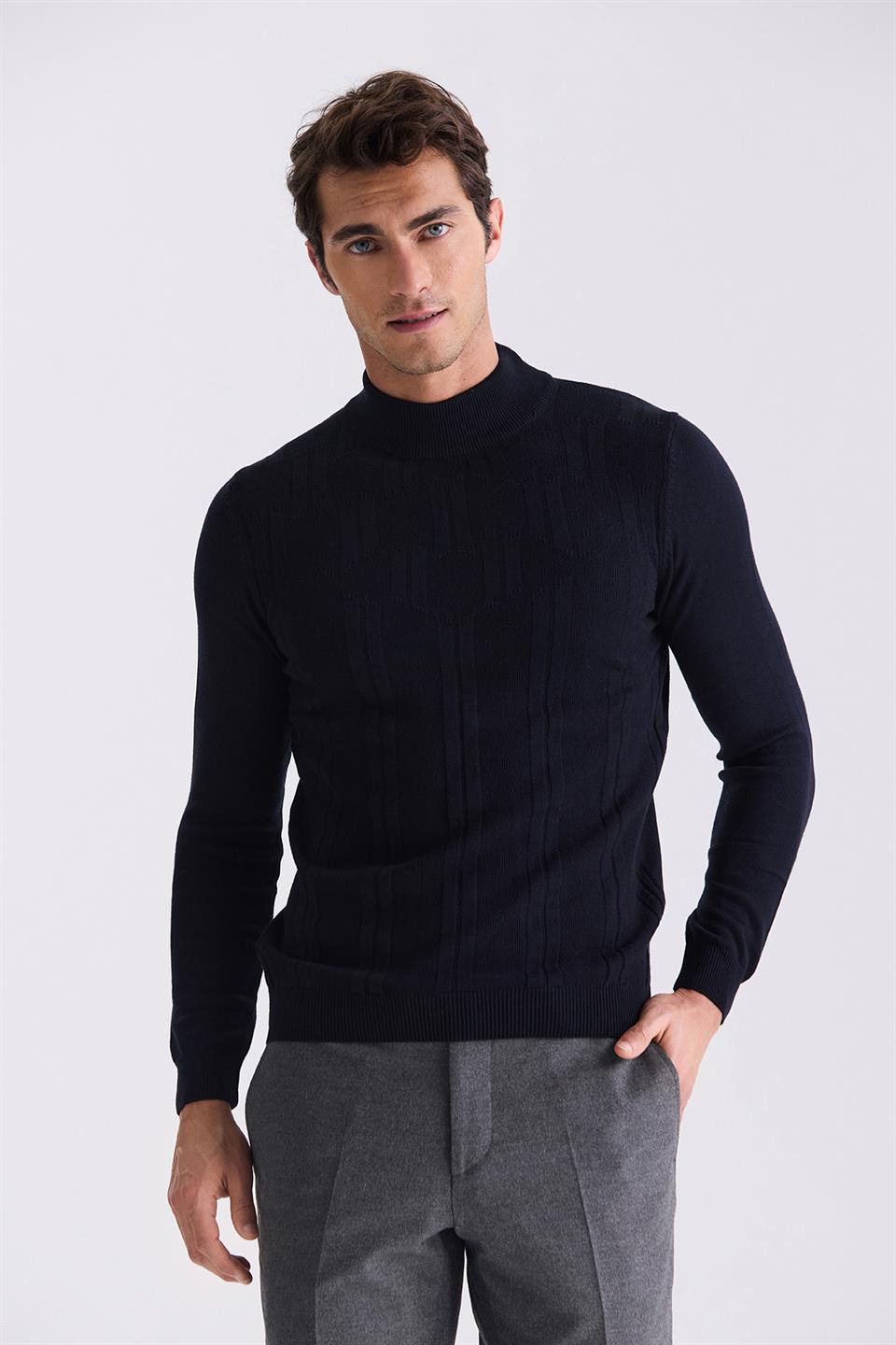 Navy Slim Fit Half Sailor Knitted Sweater With Pattern