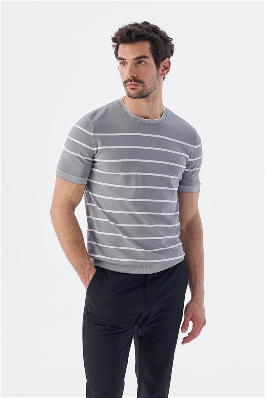 Gray White Slim Fit Round Collar Striped Knit T Shirt