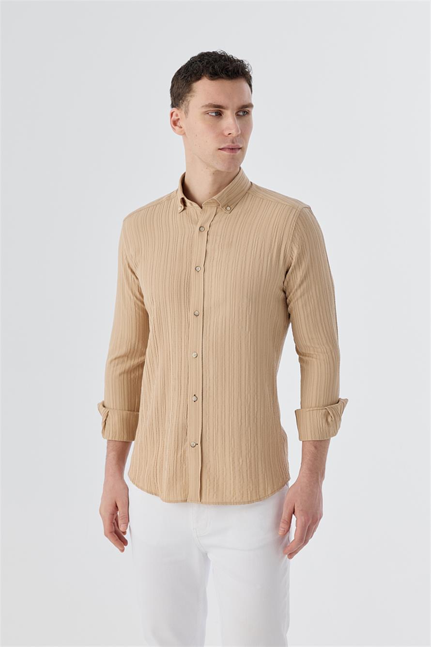 Beige Slim Fit Buttoned Collar Linen Mixed Patterned Shirt