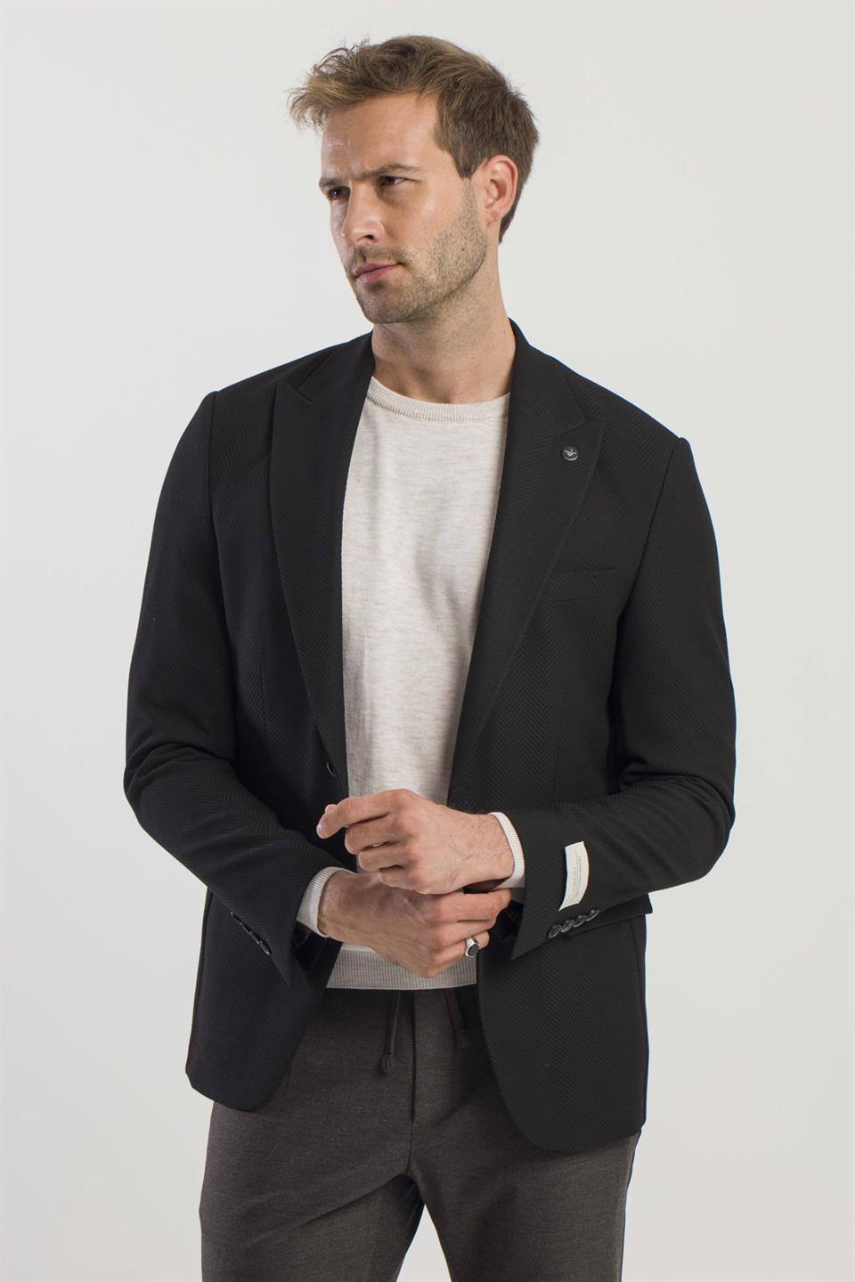 Black Slim Fit Sharp Collar Jacket With A Pattern