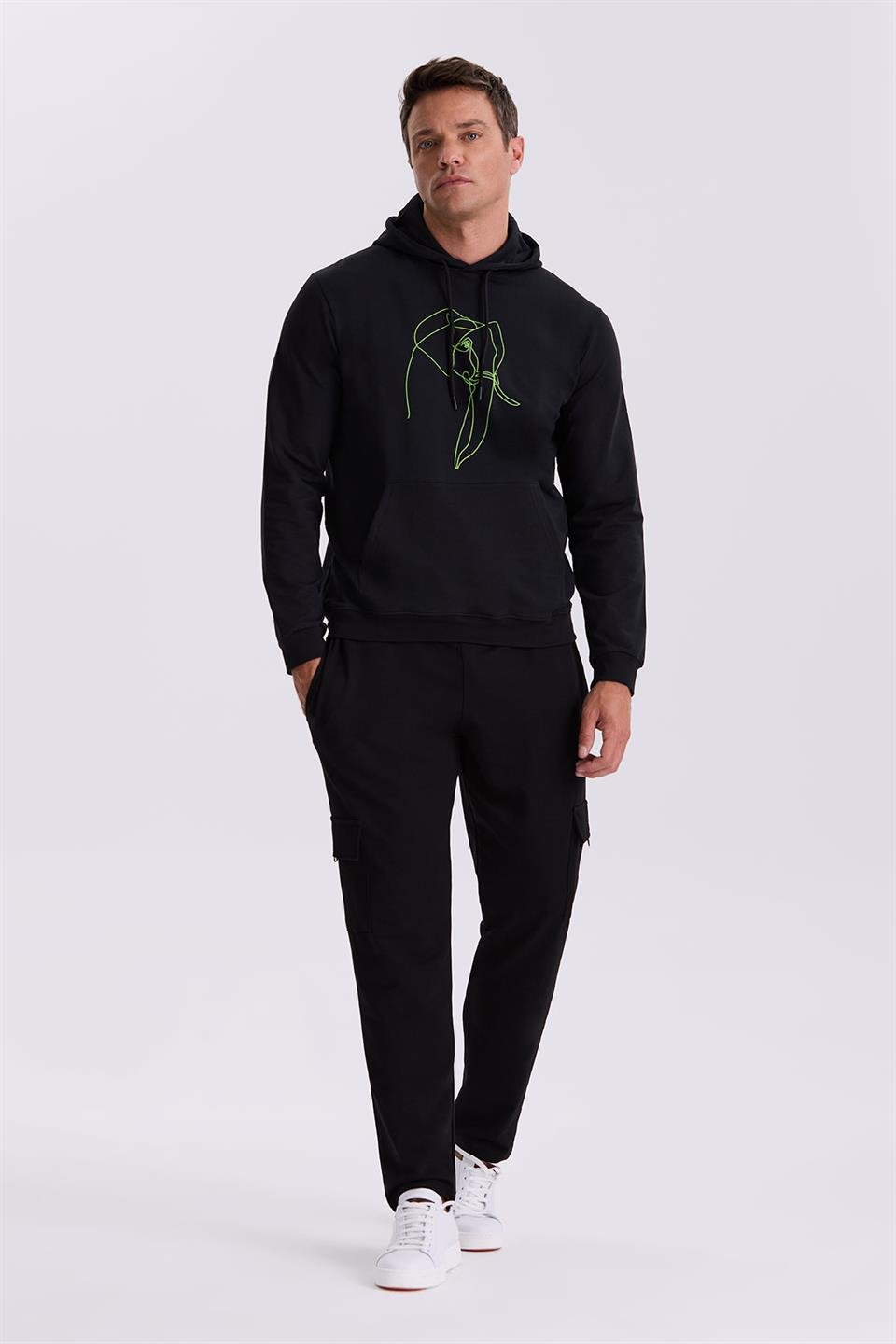 Black Slim Fit 100% Cotton Sweatshirt With Hooded Print