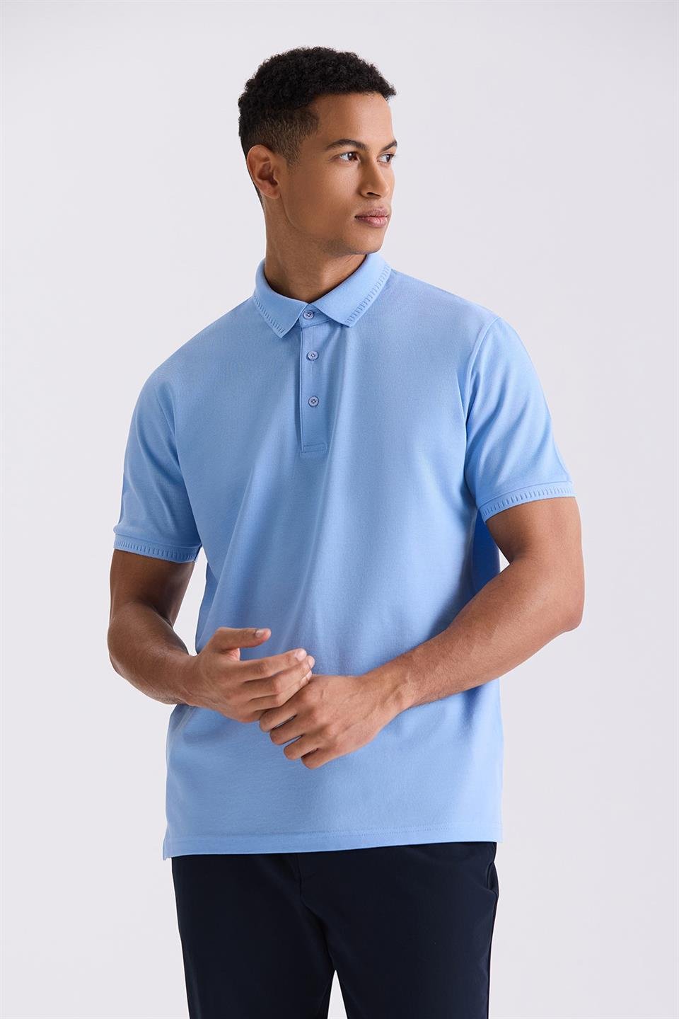 Blue Slim Fit 100% Cotton Mercerize Polo Collar T Shirt