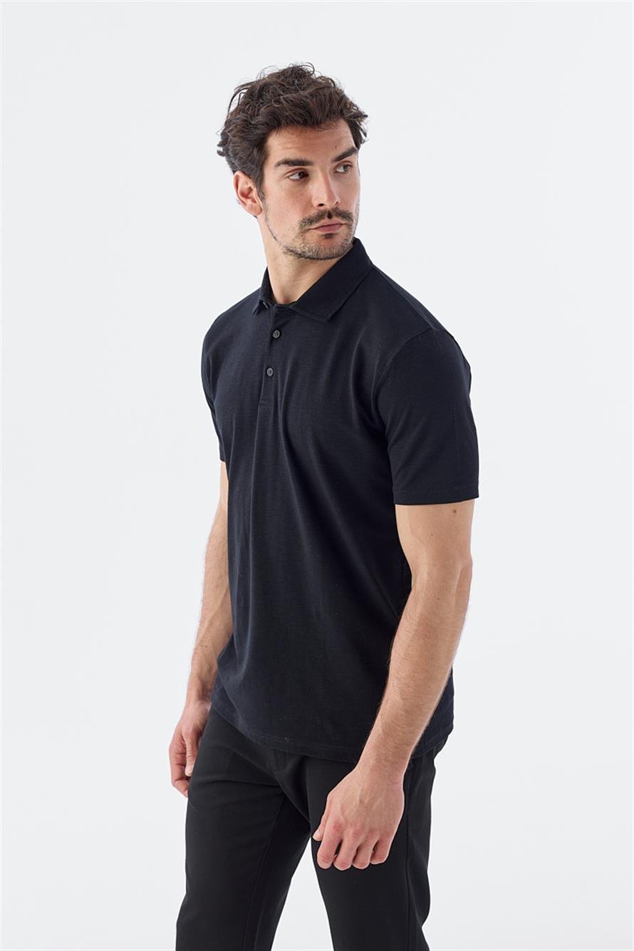 Black Button Detailed Slim Fit Polo Collar T Shirt