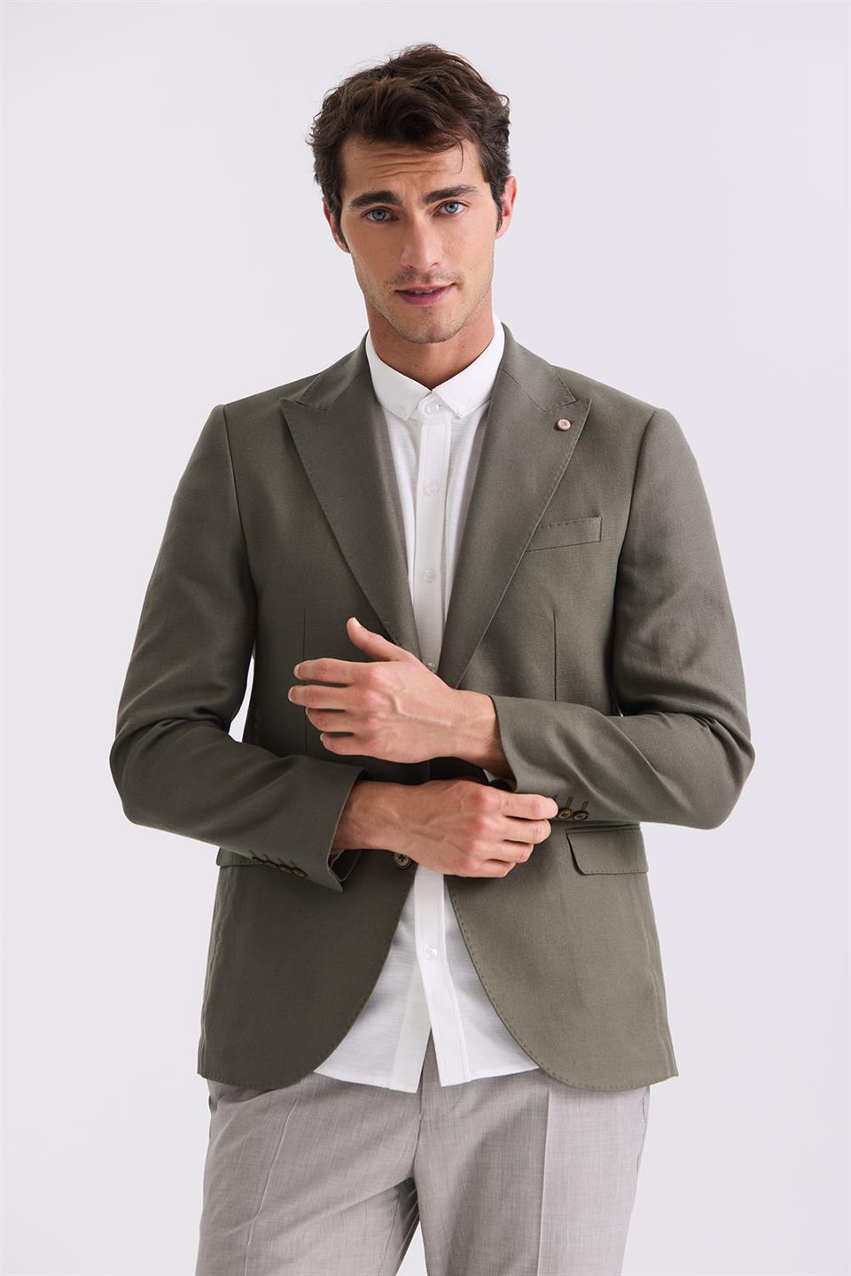 Green Slim Fit Sharp Collar Linen Sports Jacket