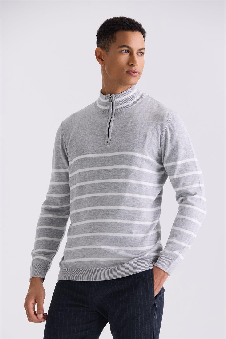 Gray Slim Fit Half Sailor Knitted Sweater