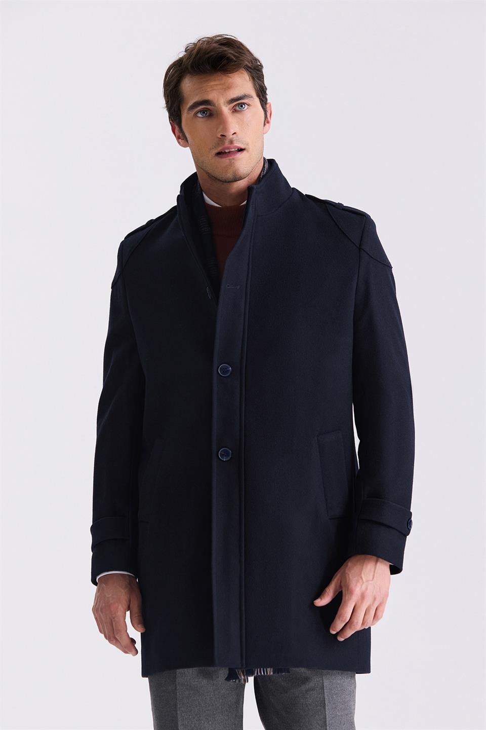 Dark Navy Regular Fit Judge Collar With A Loose Wool Collar Jacket