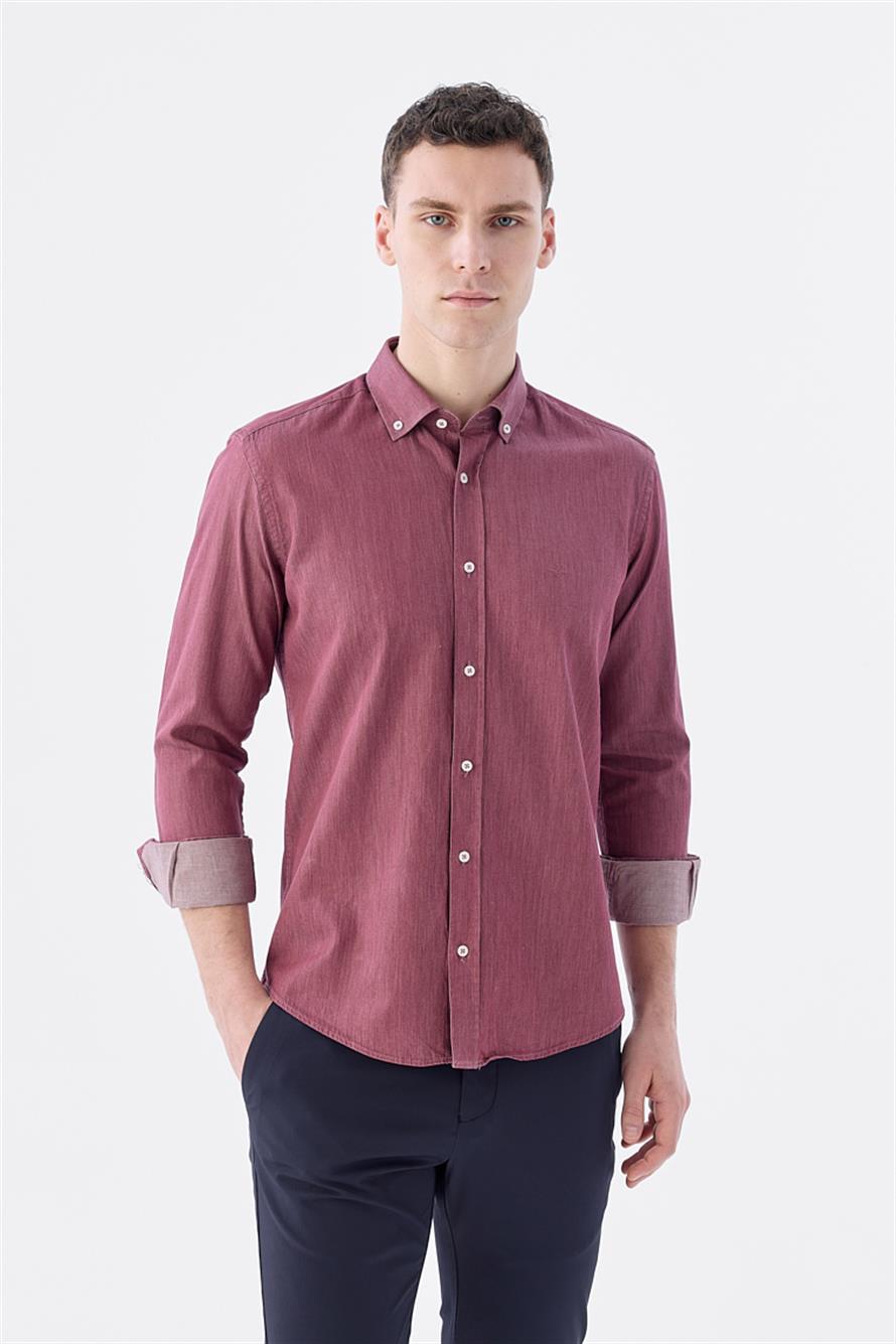 Maroon Slim Fit Pocket Buttoned Collar 100% Cotton Shirt