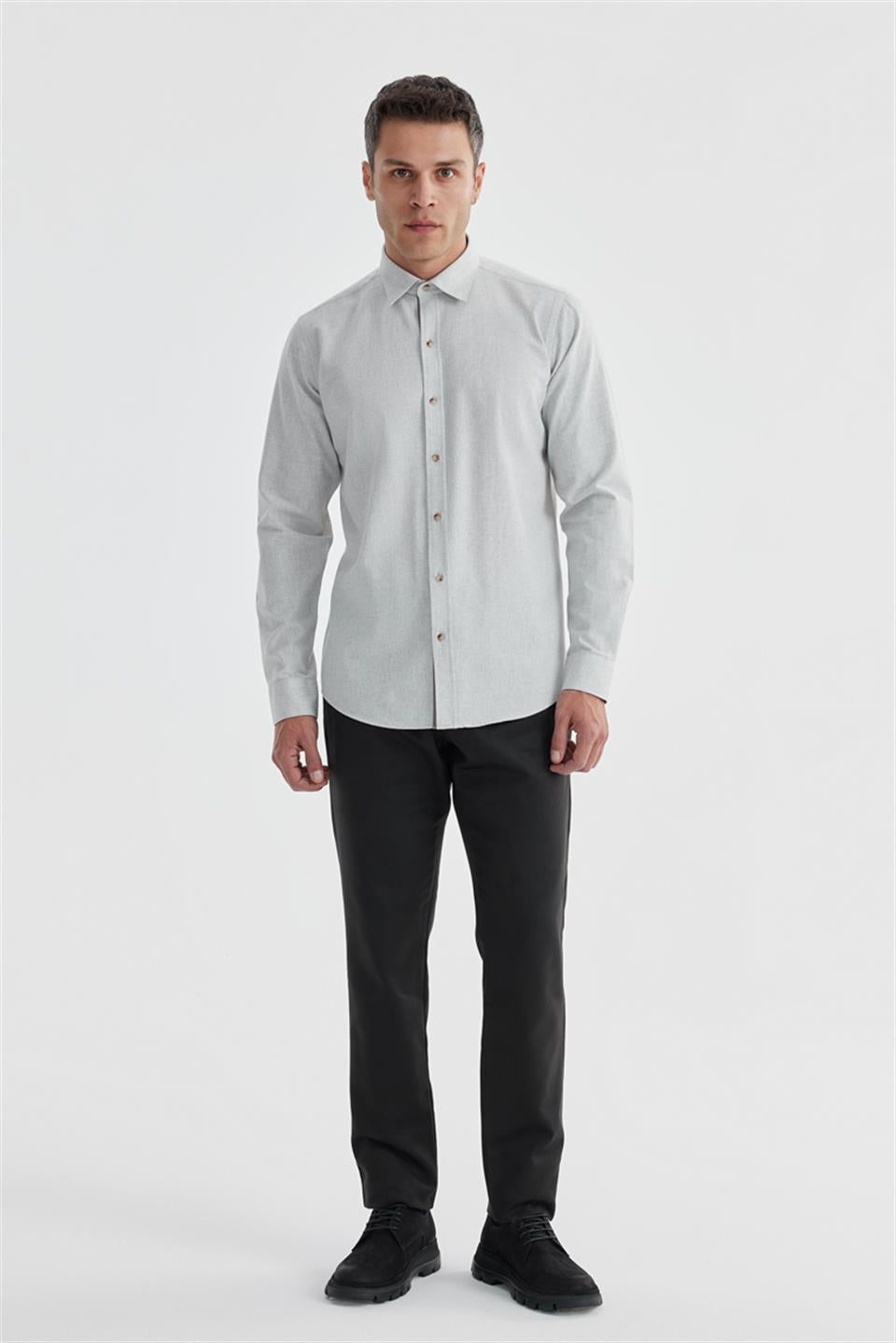 Gray Comfort Fit With A Hidden Button Collar Shirt