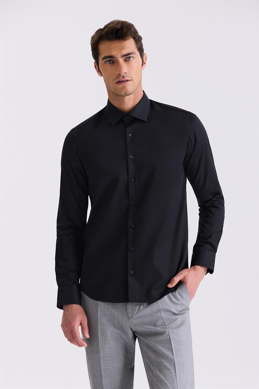 Black Slim Fit Basic 100% Cotton Shirt With Buttons