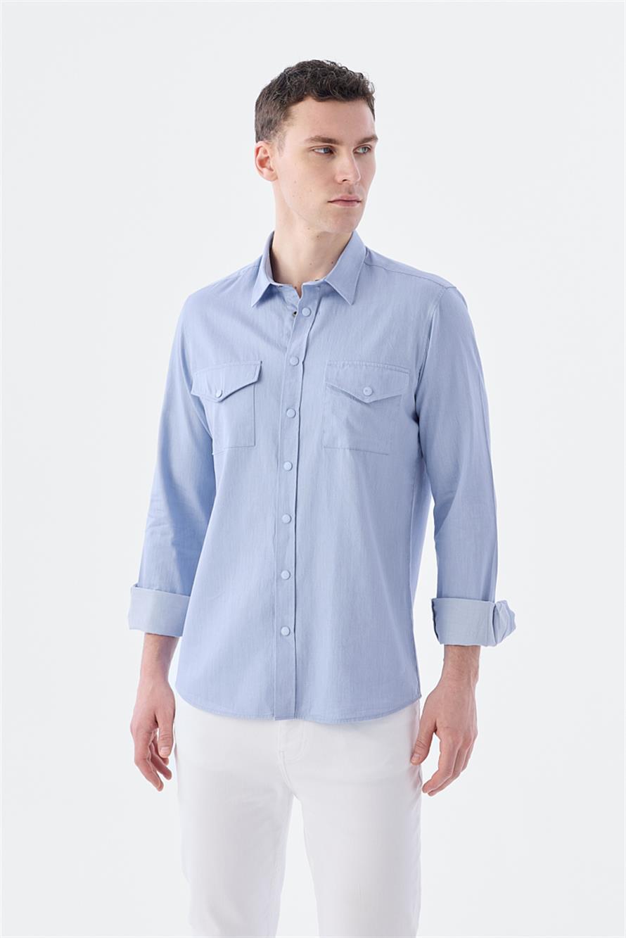 Blue Comfort Fit Pocketed 100% Cotton Jacket Shirt