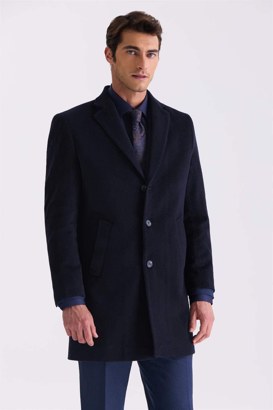 Dark Navy Comfort Fit Single Collar Side Pocket Collared Jacket