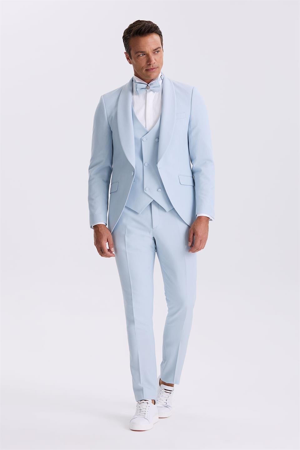 Blue Slim Fit Shawl Collar Coated Smokin Wedding Suit