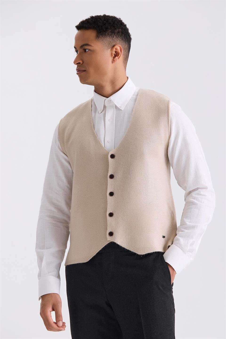 Beige Slim Fit Knitted Vest With Buttons