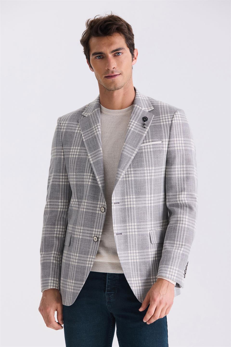 Regular Fit Gray Kareli Single Collar Jacket