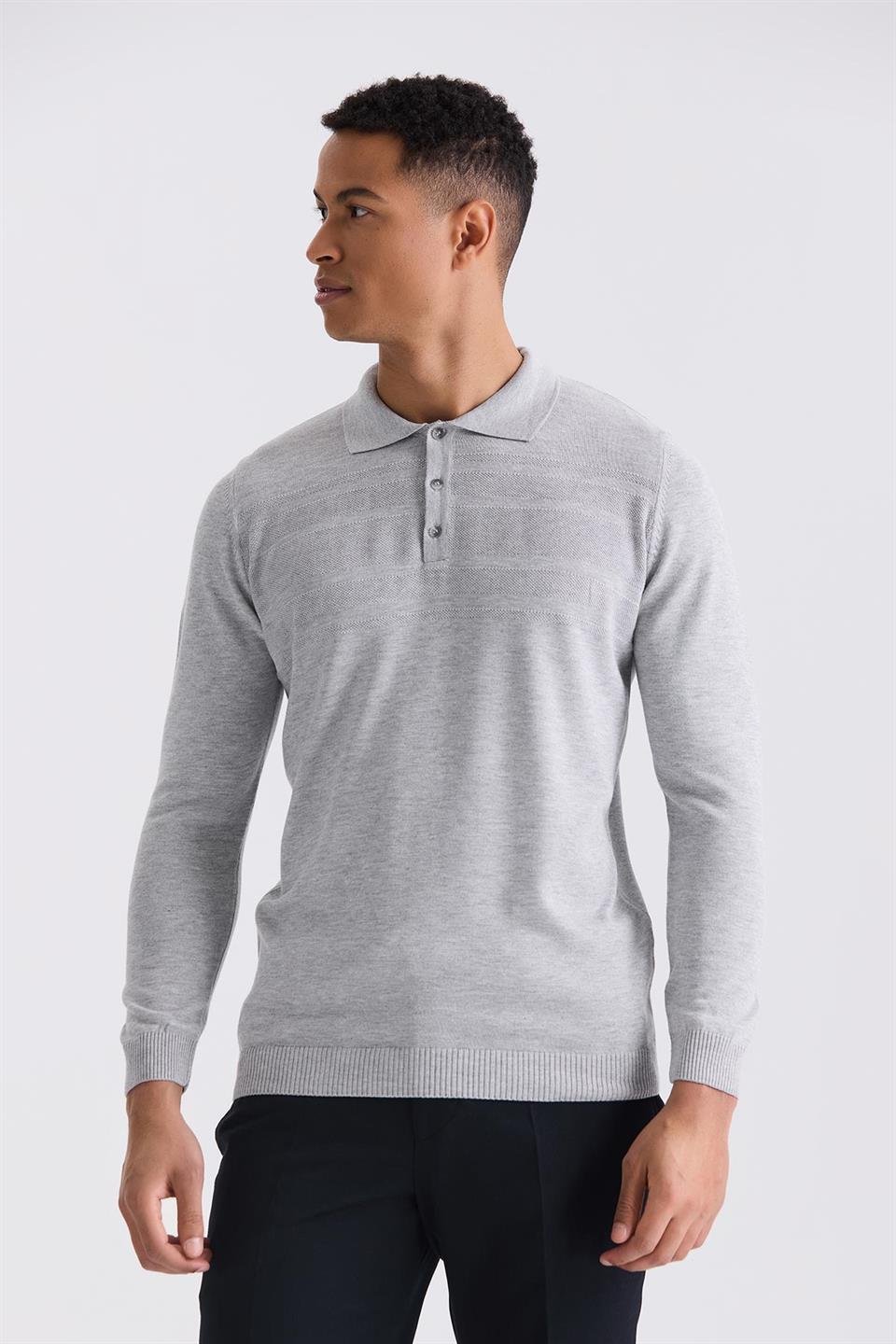 Grey Classic Fit Button Detailed Polo Collar Knitted Sweater