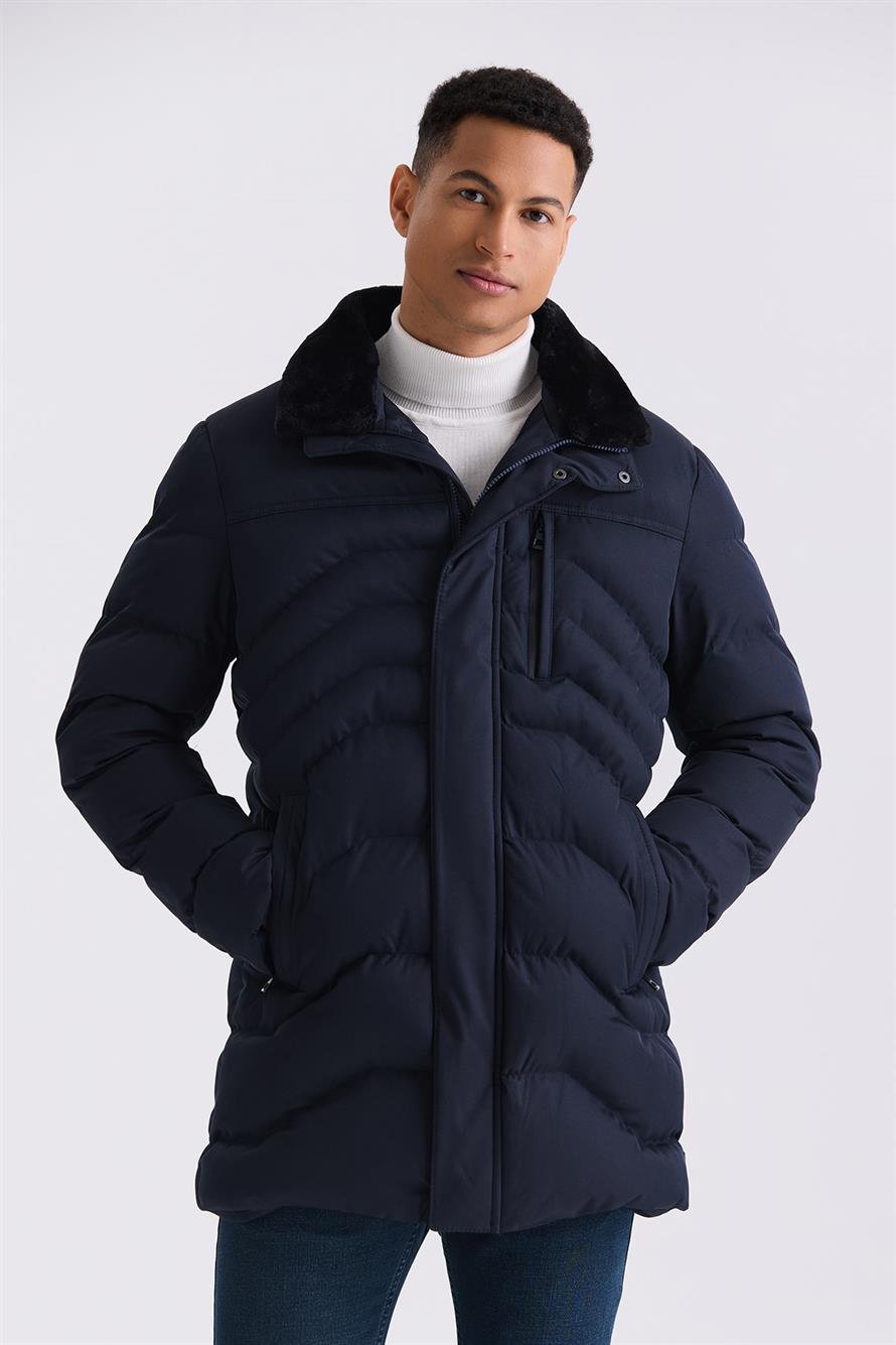 Navy Regular Fit Collar Furry Winter Jacket And Jacket
