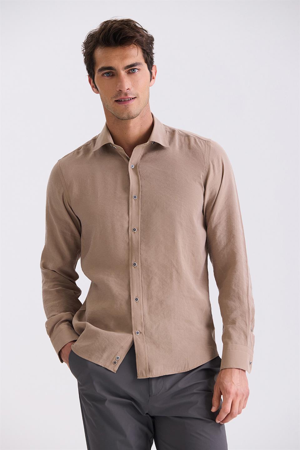 Coffee Comfort Fit Buttoned Collar Shirt