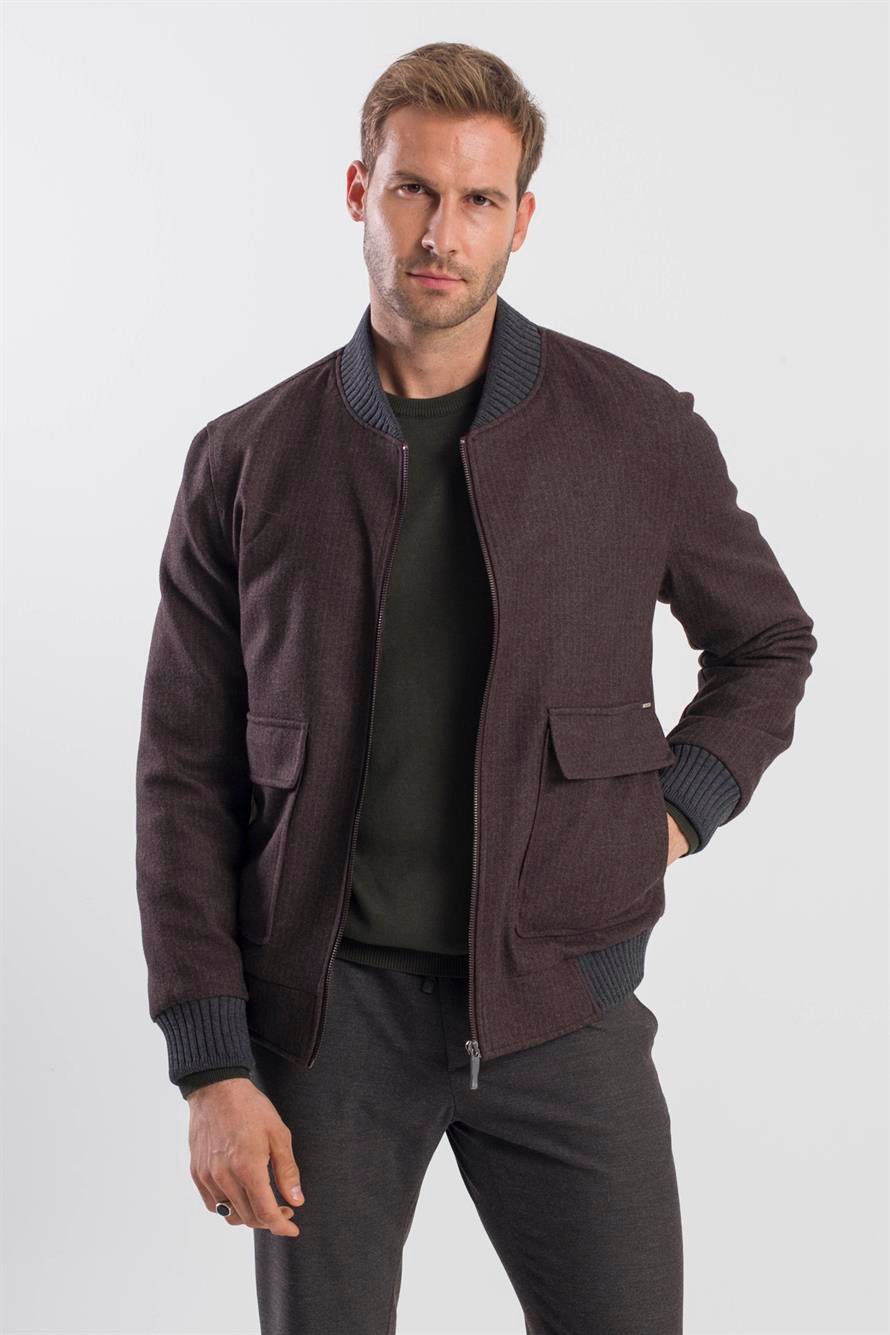 Coffee Comfort Fit College Collar Striped Jacket