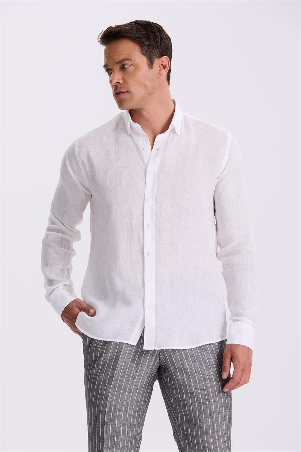 White 100% Linen Buttoned Collar Comfort Fit Shirt