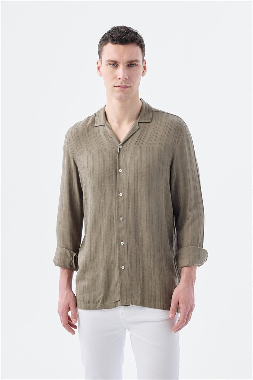 Khaki Classic Fit Cutaway Collar Striped 100% Cotton Bohem Shirt