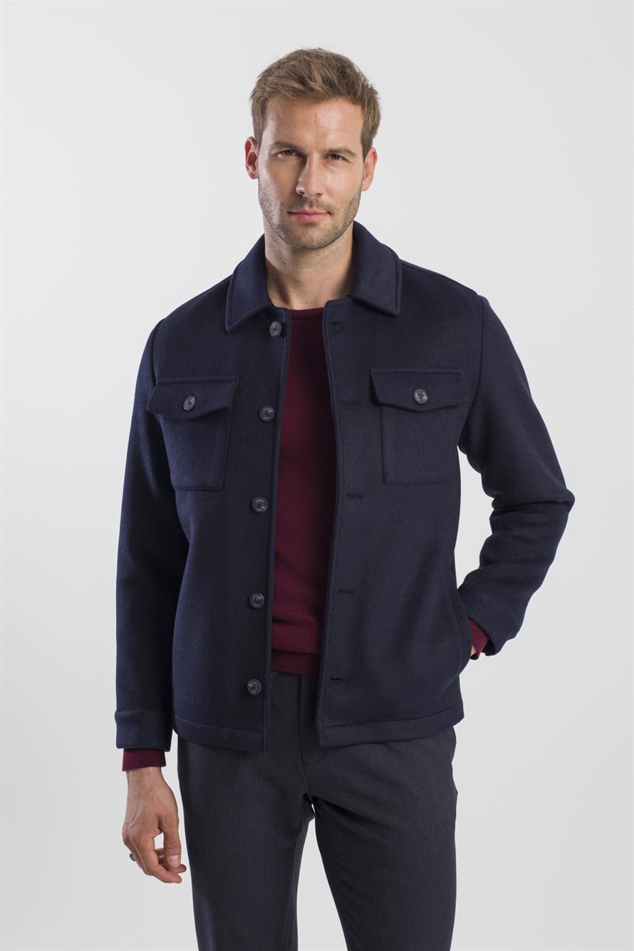 Navy Comfort Fit Baby Collar Wool Jacket