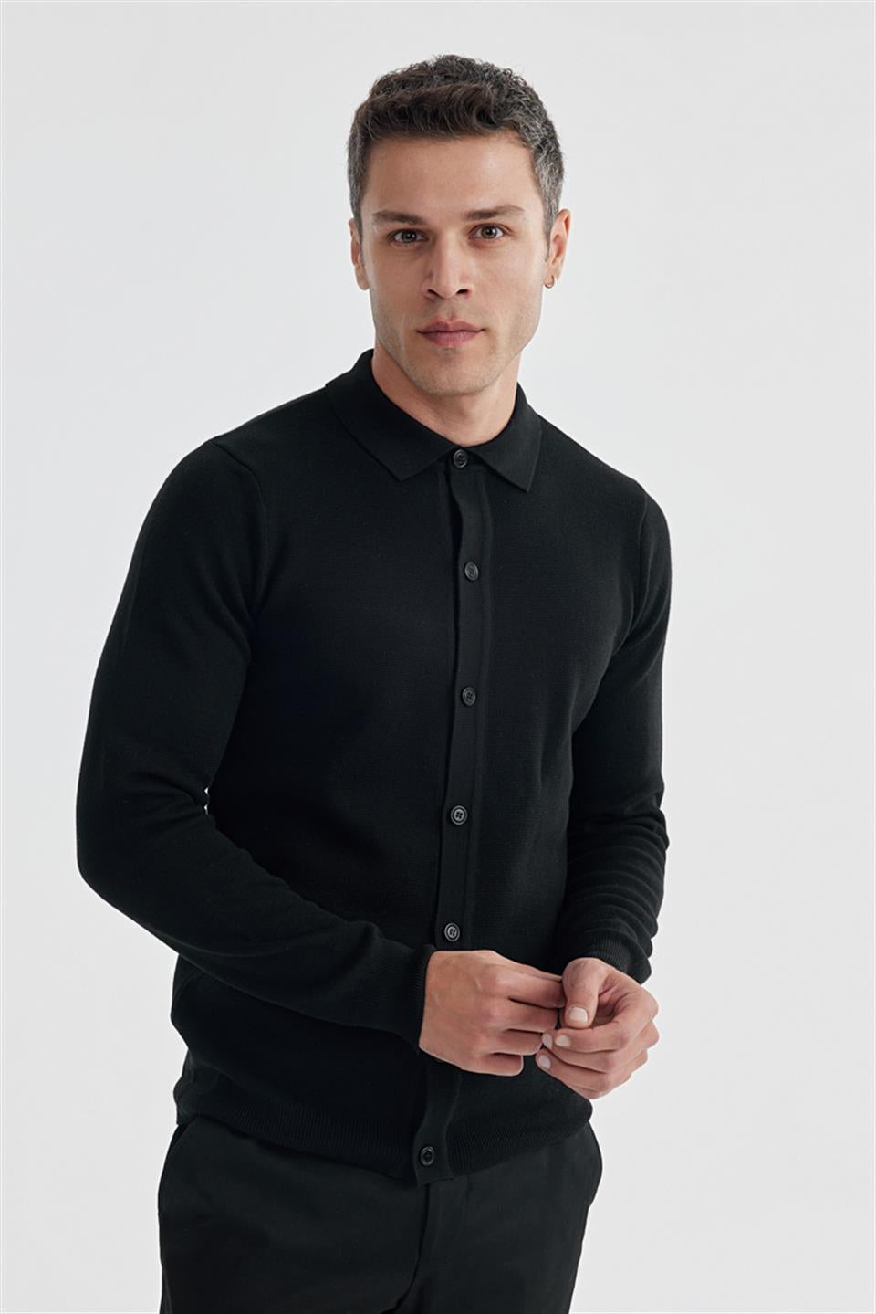 Black Slim Fit Polo Collar Knitted
