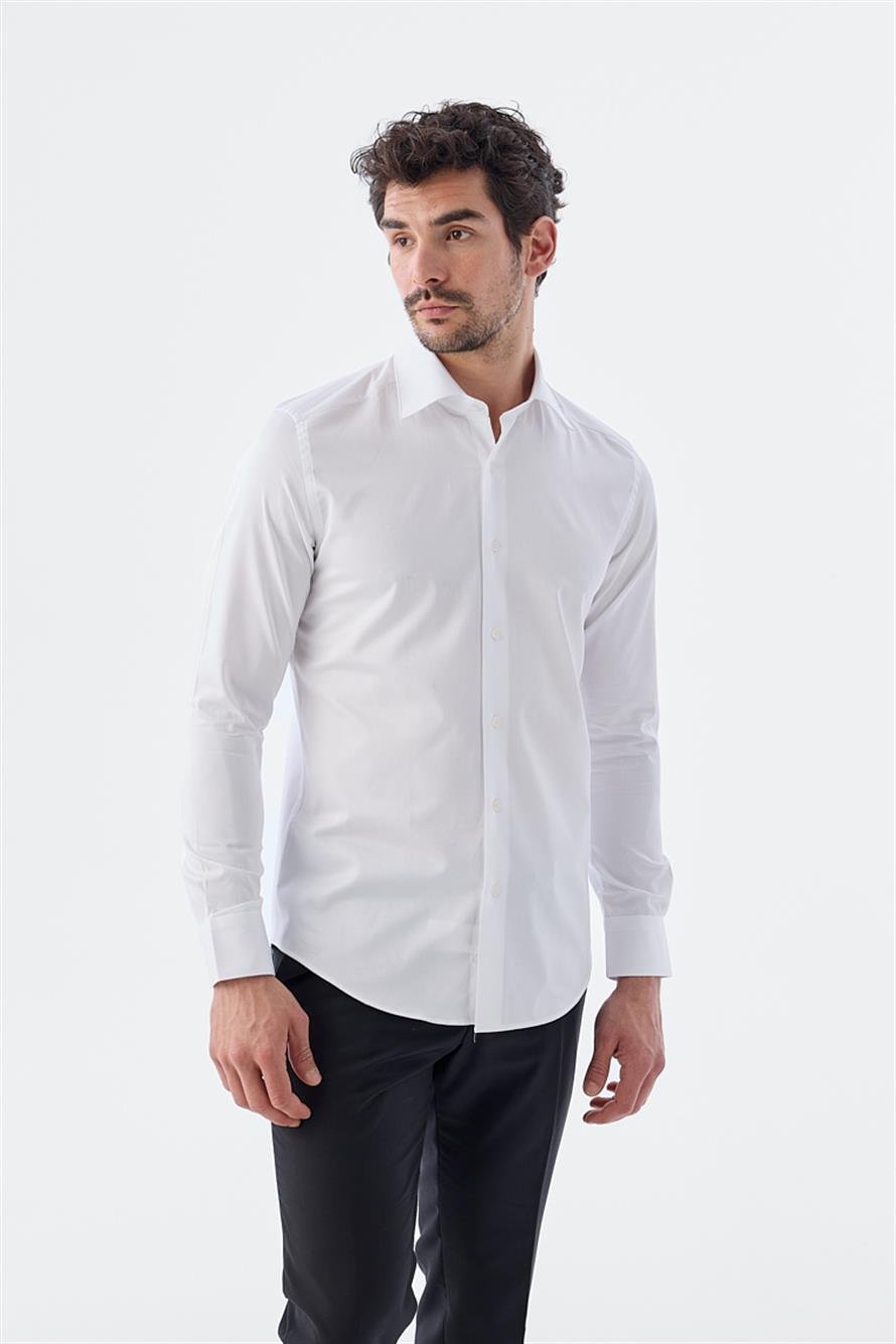 White Classic Fit Italian Collar Long Sleeve Classic Tie 100% Cotton Satin Shirt