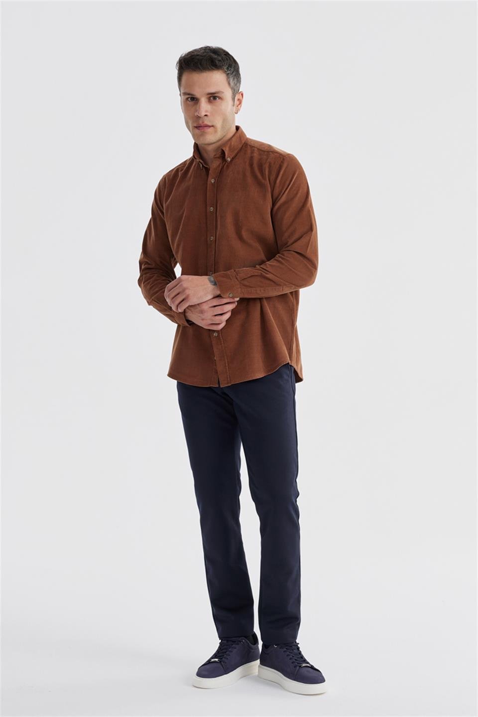Tan Comfort Fit Buttoned Collar 100% Cotton Shirt