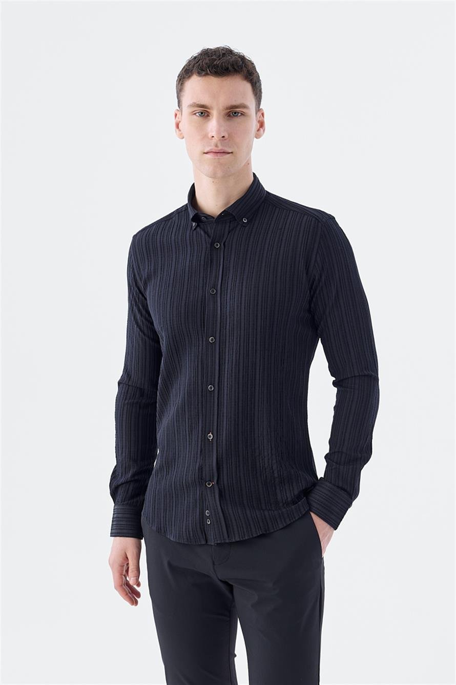 Black Slim Fit Buttoned Collar Flax Mixed Pattern Shirt
