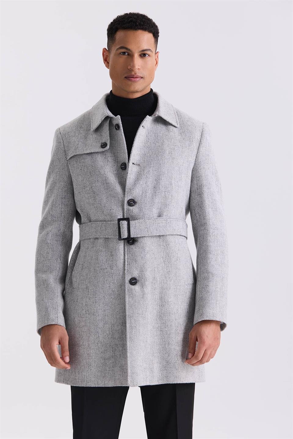 Grey Comfort Fit Shirt Collar Fish Back With Patterned Belt Wool Jacket