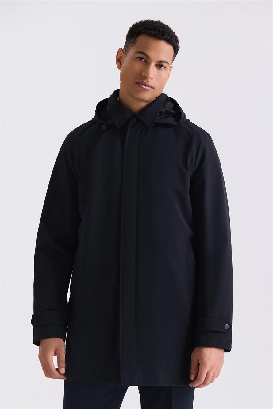 Black Comfort Fit Hooded Classic Model Jacket With Hidden Zipper