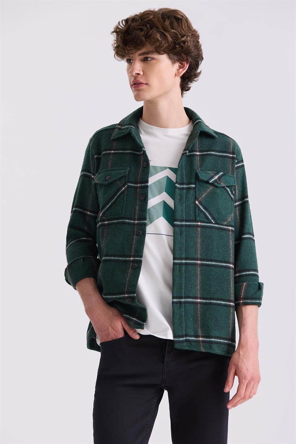 Khaki Over You With A Plaid Patterned Cotton Pocket Lumberjack Shirt