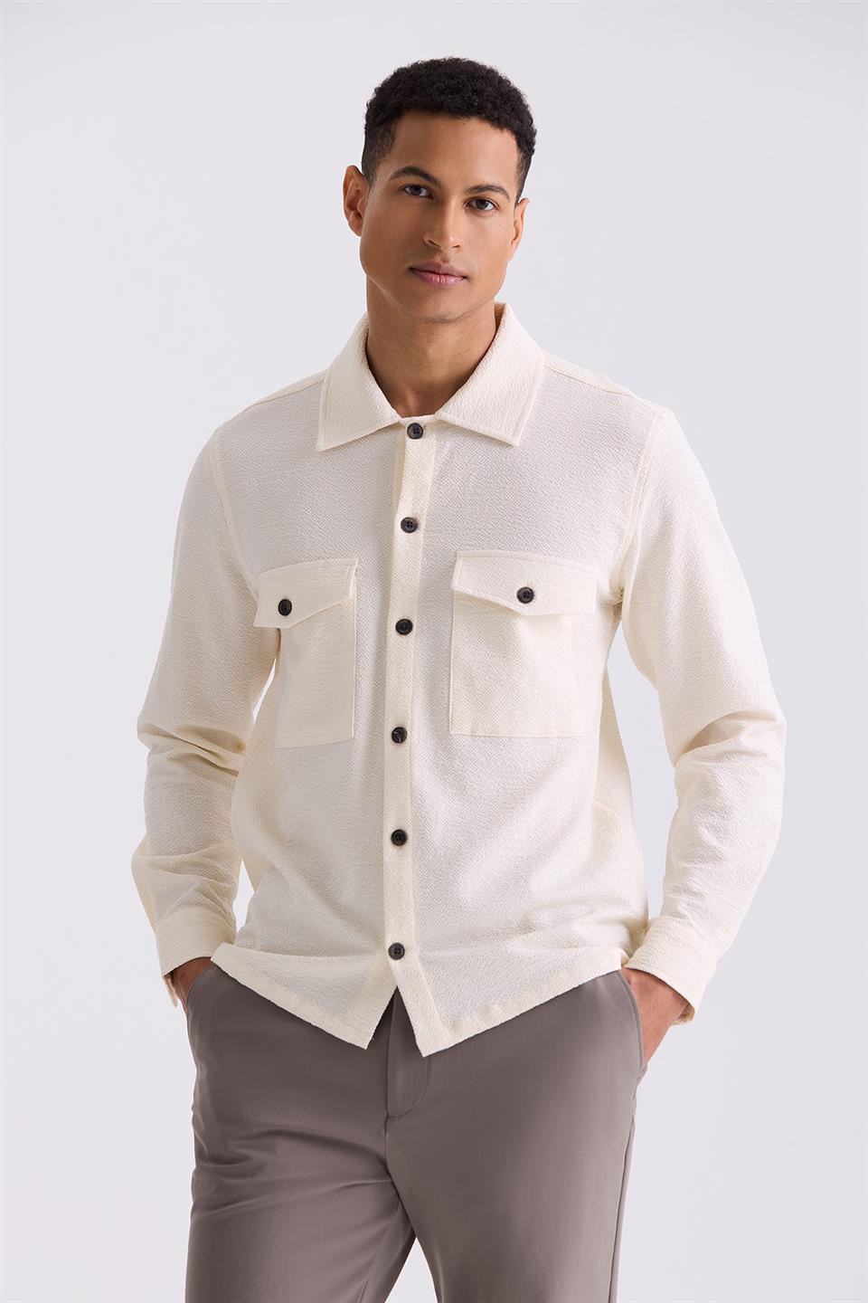 Cream Slim Fit Buttoned Collar Pocket Sports Shirt