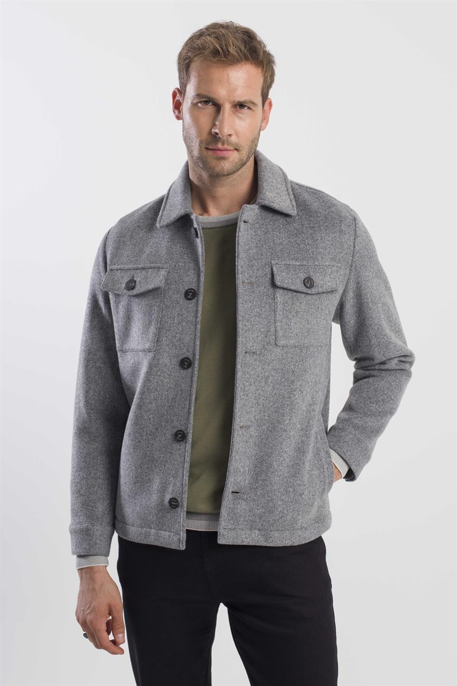 Grey Comfort Fit Baby Collar Wool Jacket