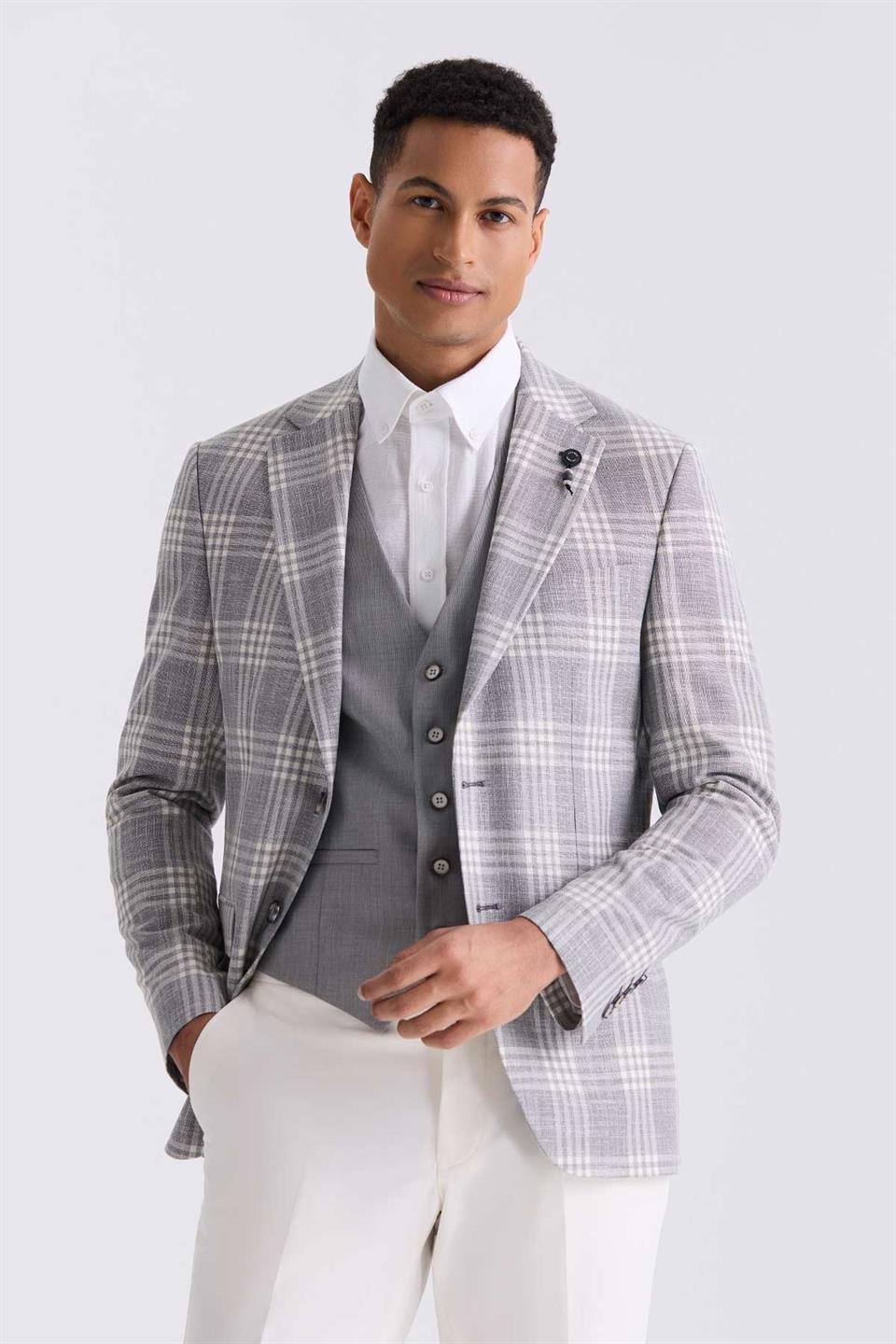 Gray Slim Fit Single Collar Suit with Combined Coat