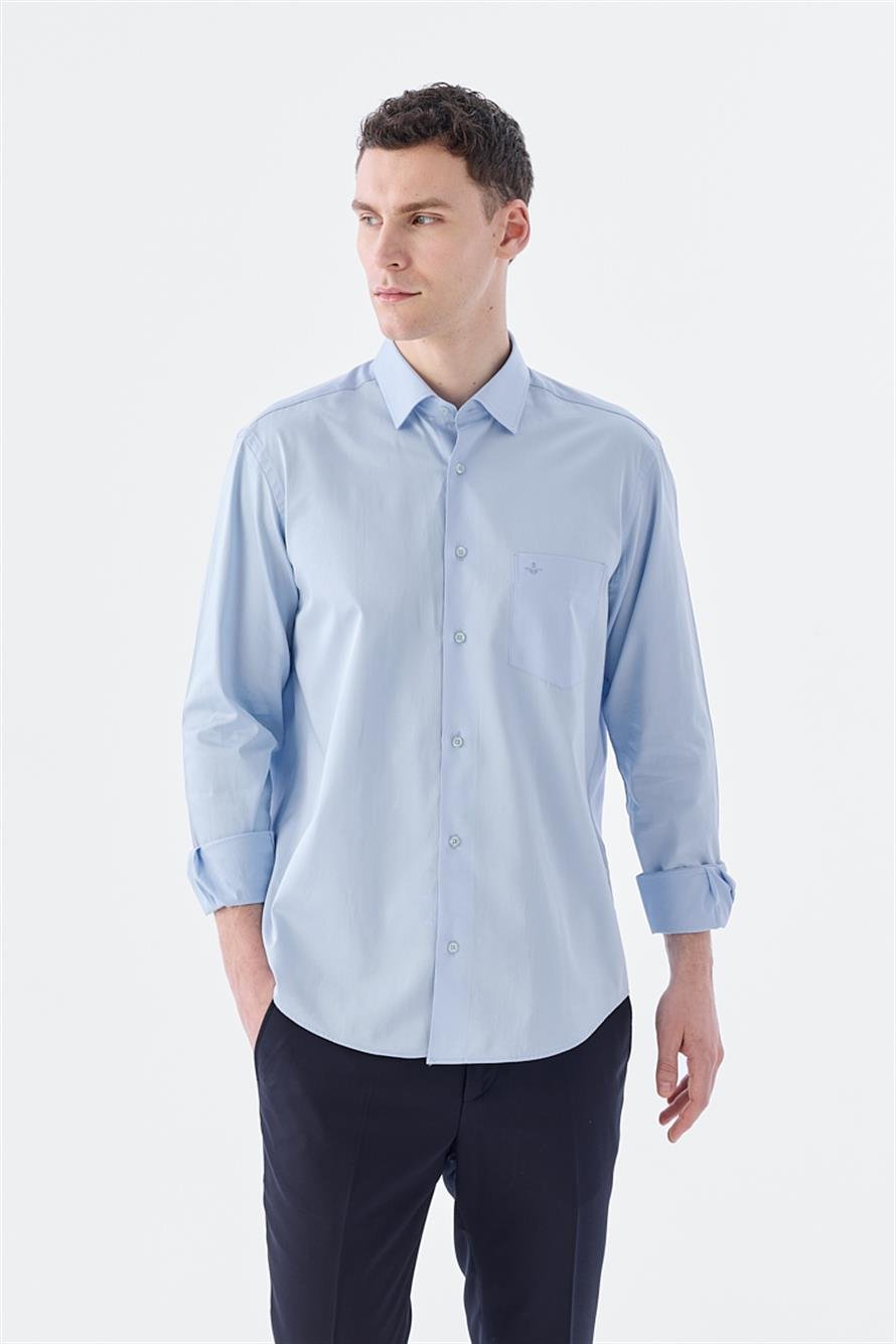 Blue Classic Fit Italian Collar Long Sleeve Classic Tie 100% Cotton Satin Shirt