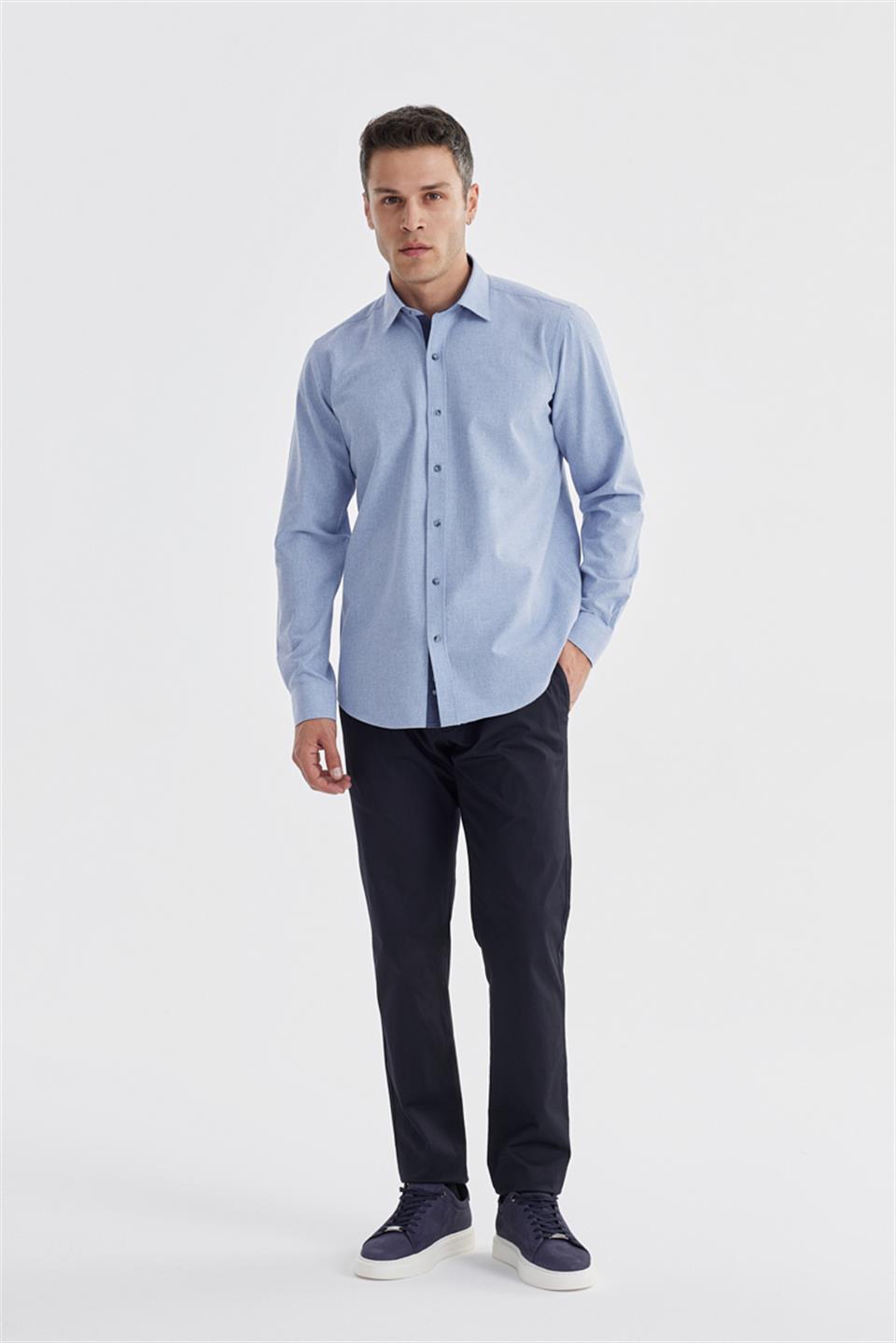 Blue Comfort Fit With A Hidden Button Collar Shirt