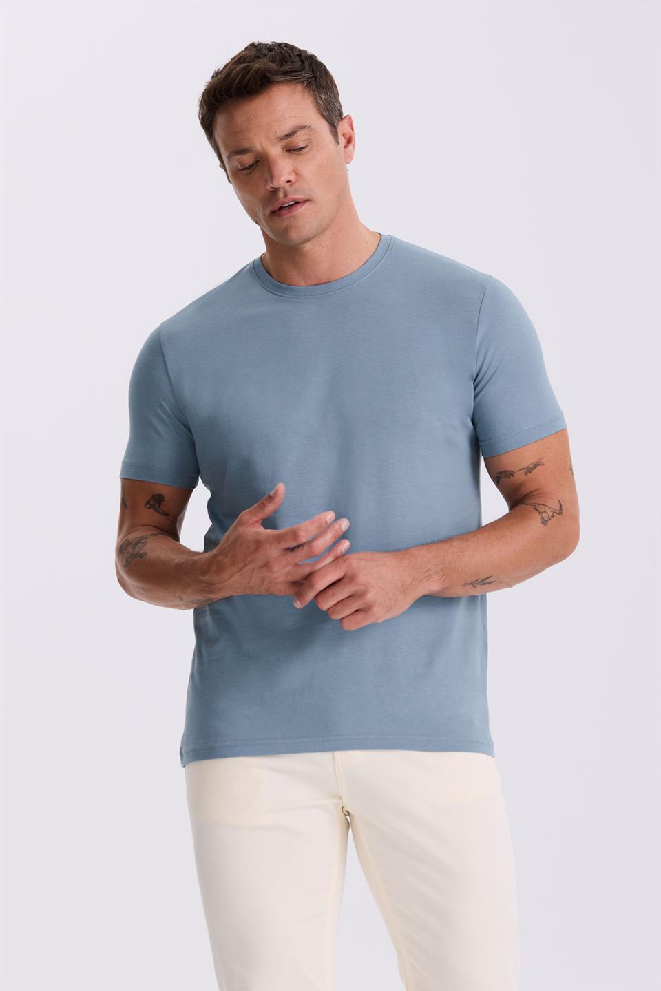 Blue 100% Cotton Slim Fit Round Collar Basic T Shirt