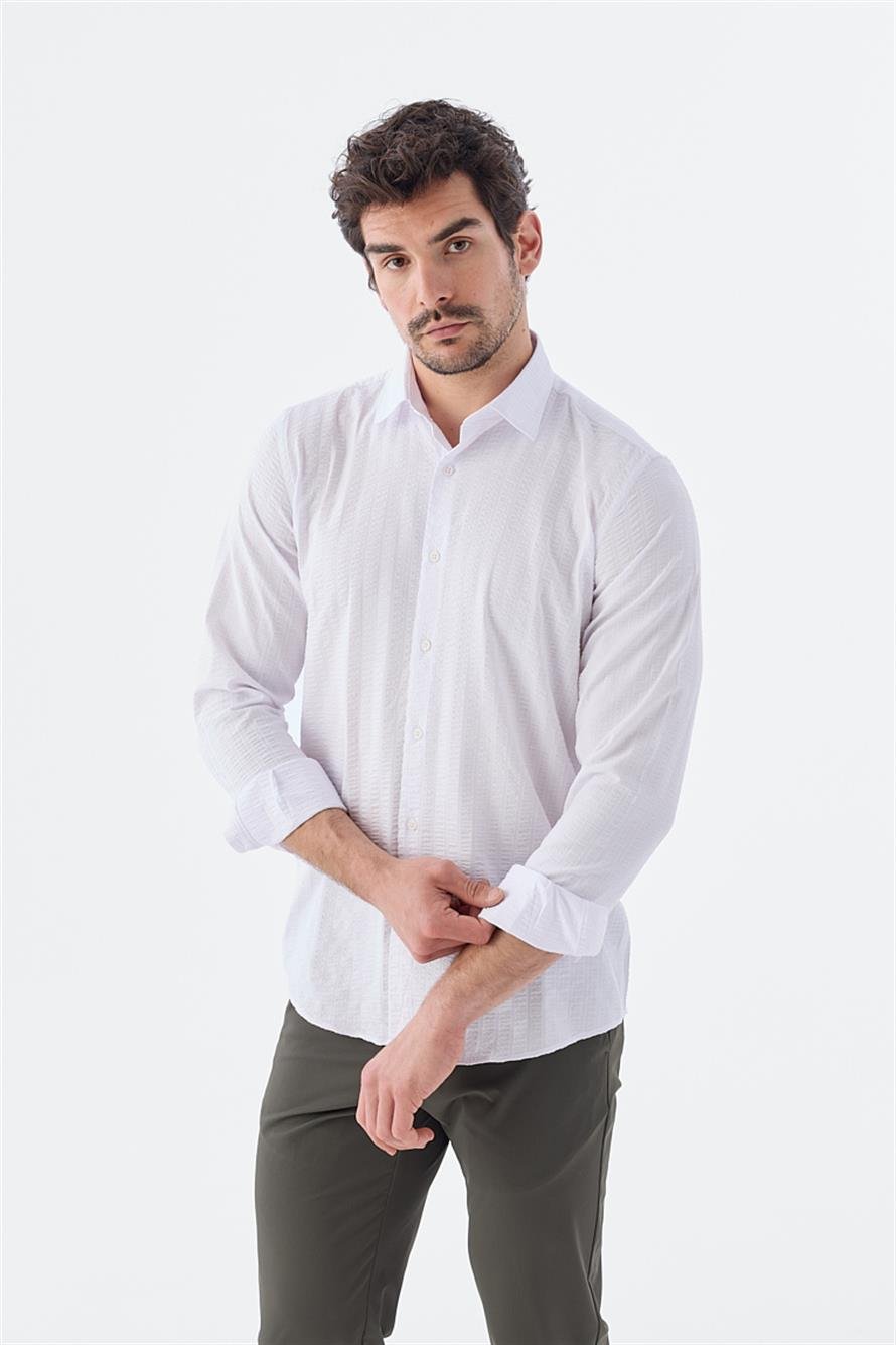 White Comfort Fit Sports Shirt With Patterned Elastic Fabric Cotton