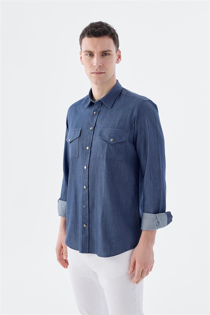 Navy Comfort Fit Pocketed 100% Cotton Jacket Shirt